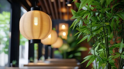Serene Interior Paper Lanterns and Lush Greenery in Soft Ambient Light.