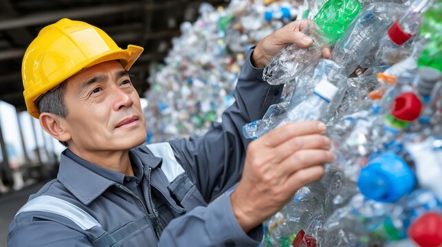 A man in a yellow hard hat is sorting through a pile of plastic bottles