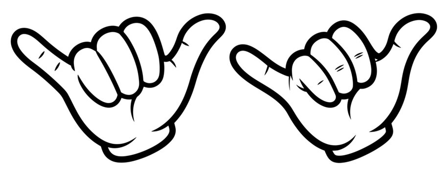 Two cartoon hands making the shaka sign or hang loose gesture, isolated on