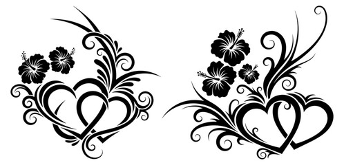 Two black tribal style heart designs with hibiscus flower and swirl ornament isolated on © NXTall