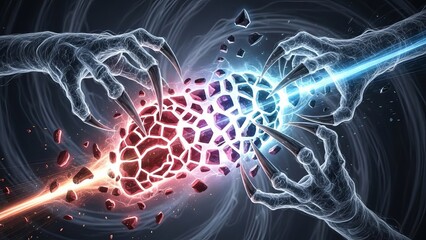 Abstract illustration of energy clash with glowing hands and fractured sphere