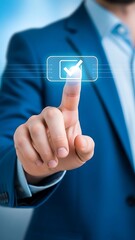 Business professional interacting with a digital checkmark interface symbolizing success and confirmation