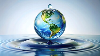 Globe of earth with water droplet and ripples