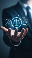 Digital justice concept a hand presenting futuristic legal icons and a scale of justice