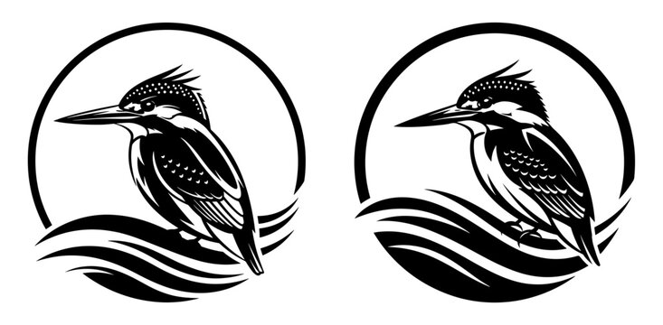 Set of two black and white kingfisher bird logos with water wave design in circle isolated on
