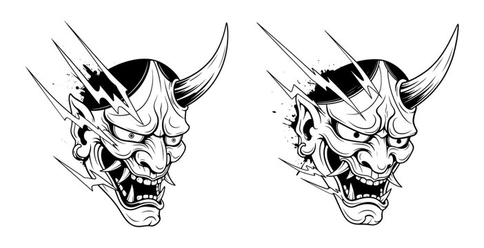 Two black and white japanese hannya or oni demon mask illustrations with lightning effect, isolated on