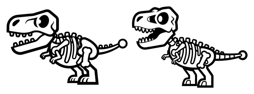 Two cute cartoon black and white trex dinosaur skeletons facing different directions, isolated on