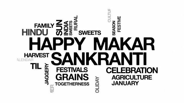 Happy Makar Sankranti concept Animated Tag Word Cloud kinetic typography, Text Design Animation typography seamless loop video motion graphics Intro Wordart text reveal loop black type on white bg