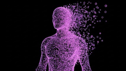 Abstract illustration of a person disintegrating into particles against black backdrop