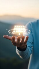 A hand gently presents a glowing solar panel symbolizing sustainable energy and future technology