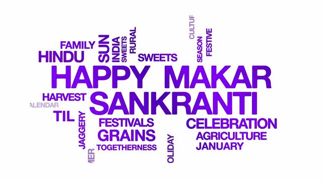 Happy Makar Sankranti concept Animated Tag Word Cloud kinetic typography, Text Design Animation typography seamless loop video motion graphics Intro Wordart text reveal loop violet type on white bg