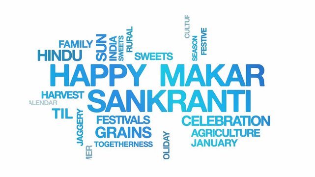 Happy Makar Sankranti concept Animated Tag Word Cloud kinetic typography, Text Design Animation typography seamless loop video motion graphics Intro Wordart text reveal loop blue type on white bg