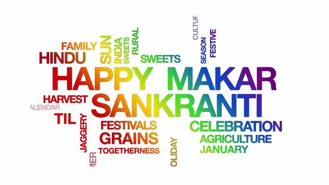Happy Makar Sankranti concept Animated Tag Word Cloud kinetic typography, Text Design Animation typography seamless loop video motion graphics Intro Wordart text reveal loop rainbow type on white bg