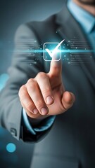 A businessman interacting with a digital checkmark interface symbolizing success and confirmation
