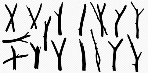 Set of various black silhouettes of tree branches and twigs on a white background. © Akun