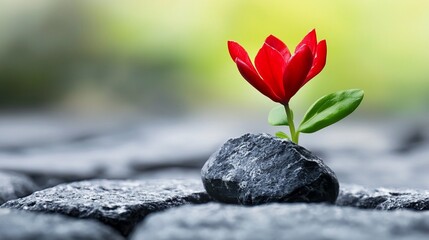 Vibrant Red Flower Growing from Rock Symbol of Resilience and Hope.