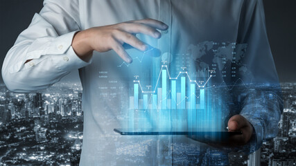 A business professional engages with advanced data analytics technology, displaying digital graphs and charts that reflect performance metrics against a vibrant city skyline. Scalp