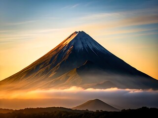 Majestic mountain peak at sunrise with clouds and fog
