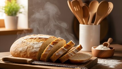 Freshly baked bread on a rustic cutting board