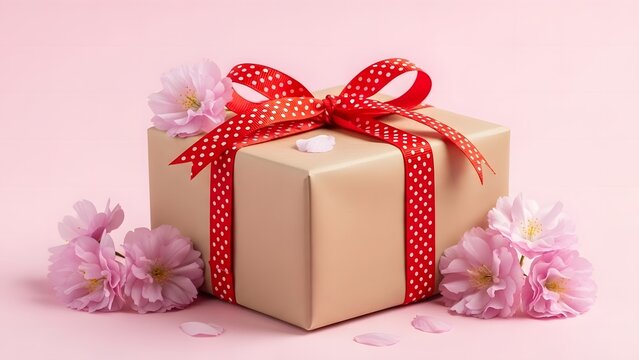 Elegant gift box with red bow and flowers - Powered by Adobe