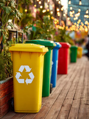 Colorful recycling bins lined up on wooden boardwalk decorated with illuminated string lights and lush plants creating a vibrant eco-friendly atmosphere