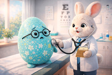 Cute 3D illustration of a bunny doctor examining an Easter egg patient with a stethoscope in a bright medical office