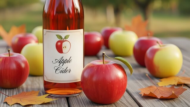 Fresh apple cider bottle surrounded by apples