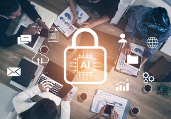 A dynamic team works together in a modern office while discussing important ideas. An AI security concept is illustrated with a lock and digital icons, symbolizing innovation. Gantry