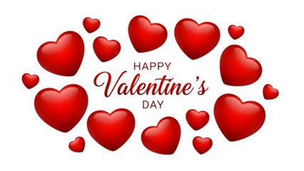 Happy valentine's day surrounded by vibrant red glossy hearts on a black background