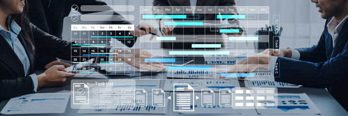 A dynamic scene capturing a team collaborating on project management strategies using modern tools and visuals to enhance workflow and efficiency. Gantry