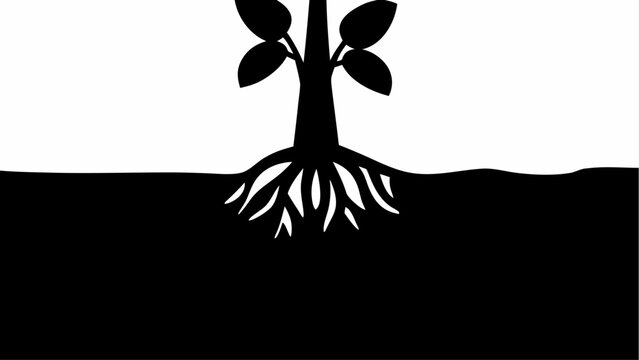 A graphic silhouette depicts a tree with its roots clearly visible beneath the ground level.