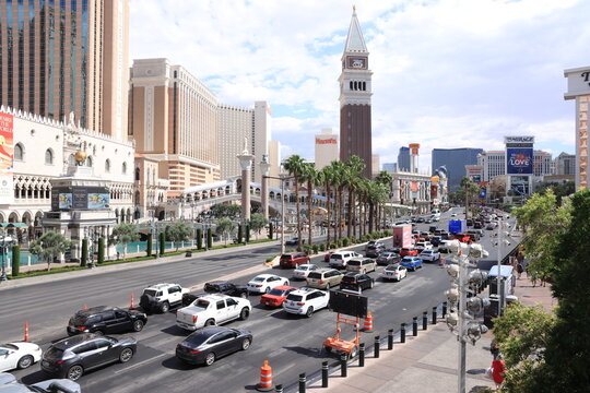 Traffic flows along the Las Vegas Strip near The Venetian and Palazzo resorts in Las Vegas, Nevada, USA
