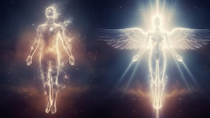 Glowing ethereal figures representing spirituality and energy on dark background