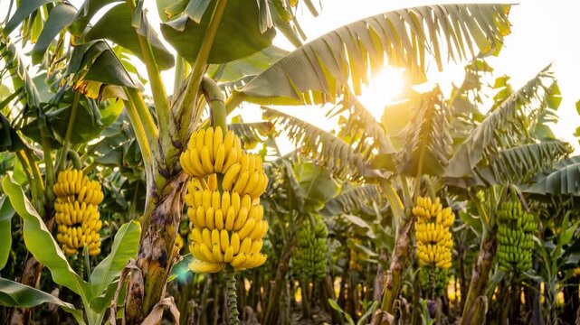 Large bunches of ripe bananas on the branches of banana palms against the backdrop of rows of banana groves bathed in the warm light of the setting sun.  Slow cinematic camera movement across the scen
