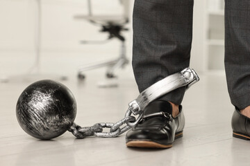 Businessman with metal ball and chain on his leg in office, closeup