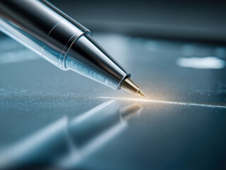 Macro view of a sleek metallic pen tip poised to write on a textured reflective surface with soft ambient lighting creating a modern professional atmosphere