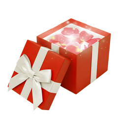 Open red gift box with white bow