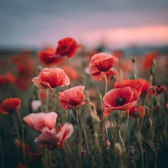 Naklejka premium Vibrant Poppy Field at Sunset - A Symphony of Red and Pink.