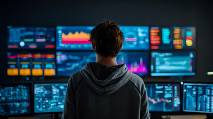 Person analyzing data on multiple digital screens in a high-tech control room