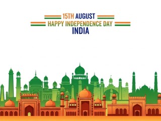 Obraz premium Indian independence day cityscape with green and orange buildings on white background