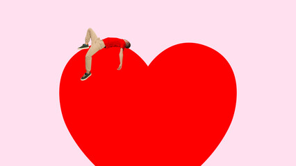 Surreal artwork with man lying on red heart. Concept of emotional storytelling for seasonal branding, romantic lifestyle visuals and creative Valentine promotions.