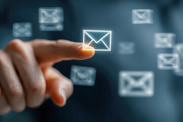 Person interacting with digital envelope icons representing email communication and messaging technology in a futuristic virtual interface environment