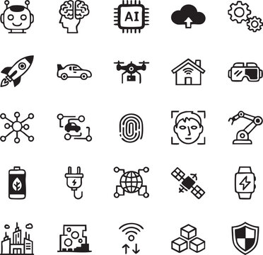 25 Artificial Intelligence and Future Technology icons set in modern line style