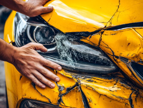 Close-up of a yellow sports car with front-end damage and cracked windshield after a collision