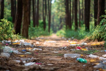Obraz premium A path through a forest is littered with trash, including plastic bottles