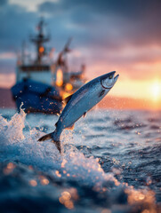 Fototapeta premium A silver fish leaps from ocean waves during a colorful sunset with a fishing vessel blurred in the background capturing an energetic maritime moment
