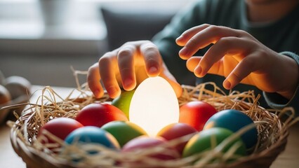 child’s hands reaching for a glowing white egg in a nest of colorful easter eggs, for family blogs, religious websites, holiday cards, and parenting articles, on blurred background