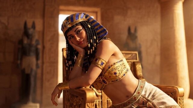 Cleopatra seated on her throne with a bored expression