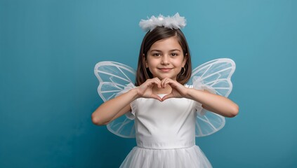 Young Girl in White Dress Makes Heart Shape With Hands Against Blue Background