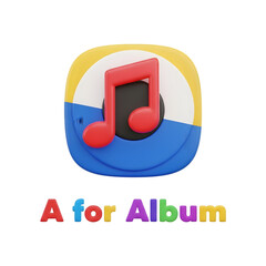 3D icon of a music note inside a stylized album cover shape, representing music albums and audio, with text A for Album.